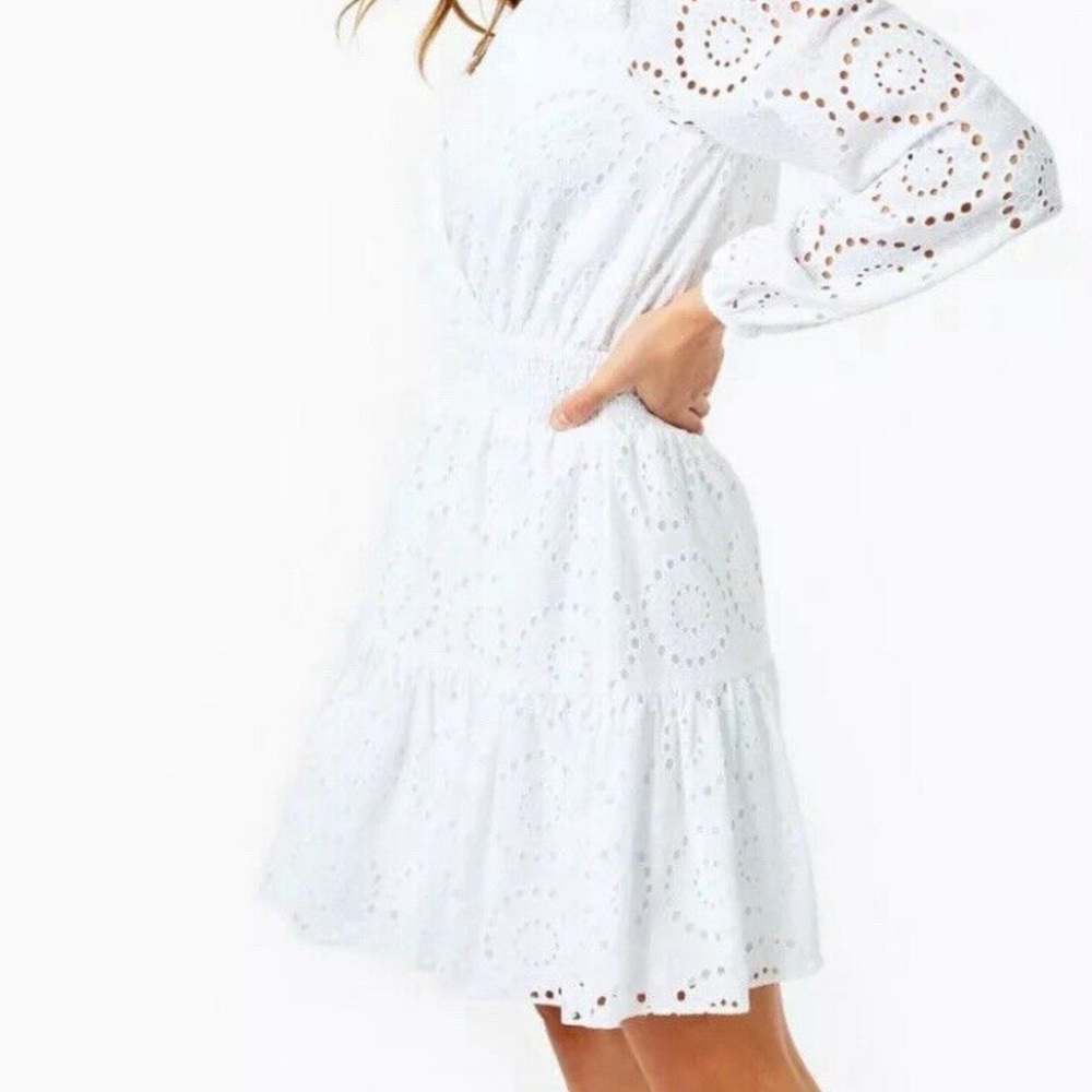 Lilly Pulitzer White Eyelet Long Sleeve Smocked Waist Taviana Dress SIZE 16 - Picture 5 of 11